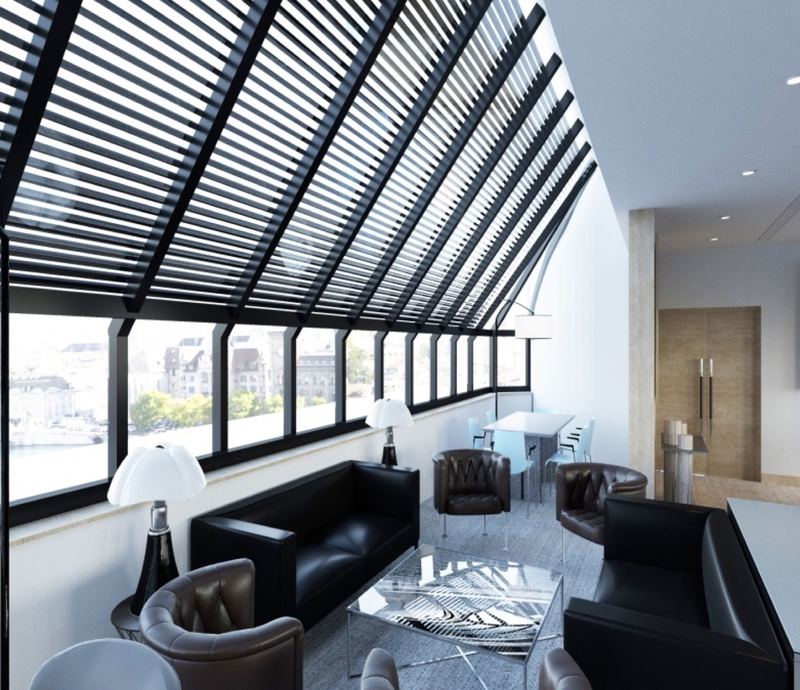 Bureau de direction sous verrière, salon en cuir et mobilier sur mesure